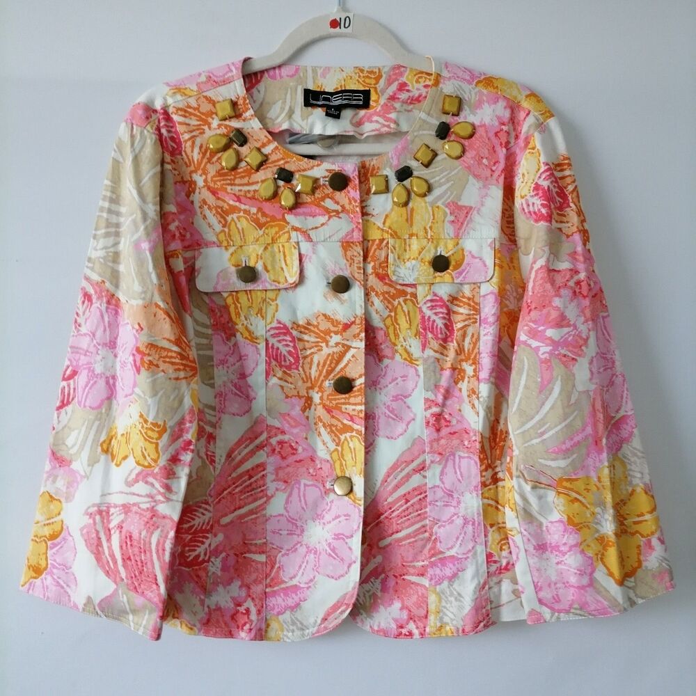 NWT Linear Womens Multi Beaded Detailing Spring Floral Leaf Print Jacket Size L